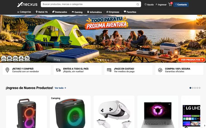 La tienda online de Necxus en desktop, con el buscador, las categorías y los productos nuevos.