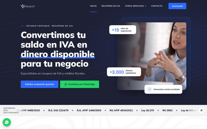 La web nueva de Serprof en desktop: «Convertimos tu saldo en IVA en dinero disponible para tu negocio».